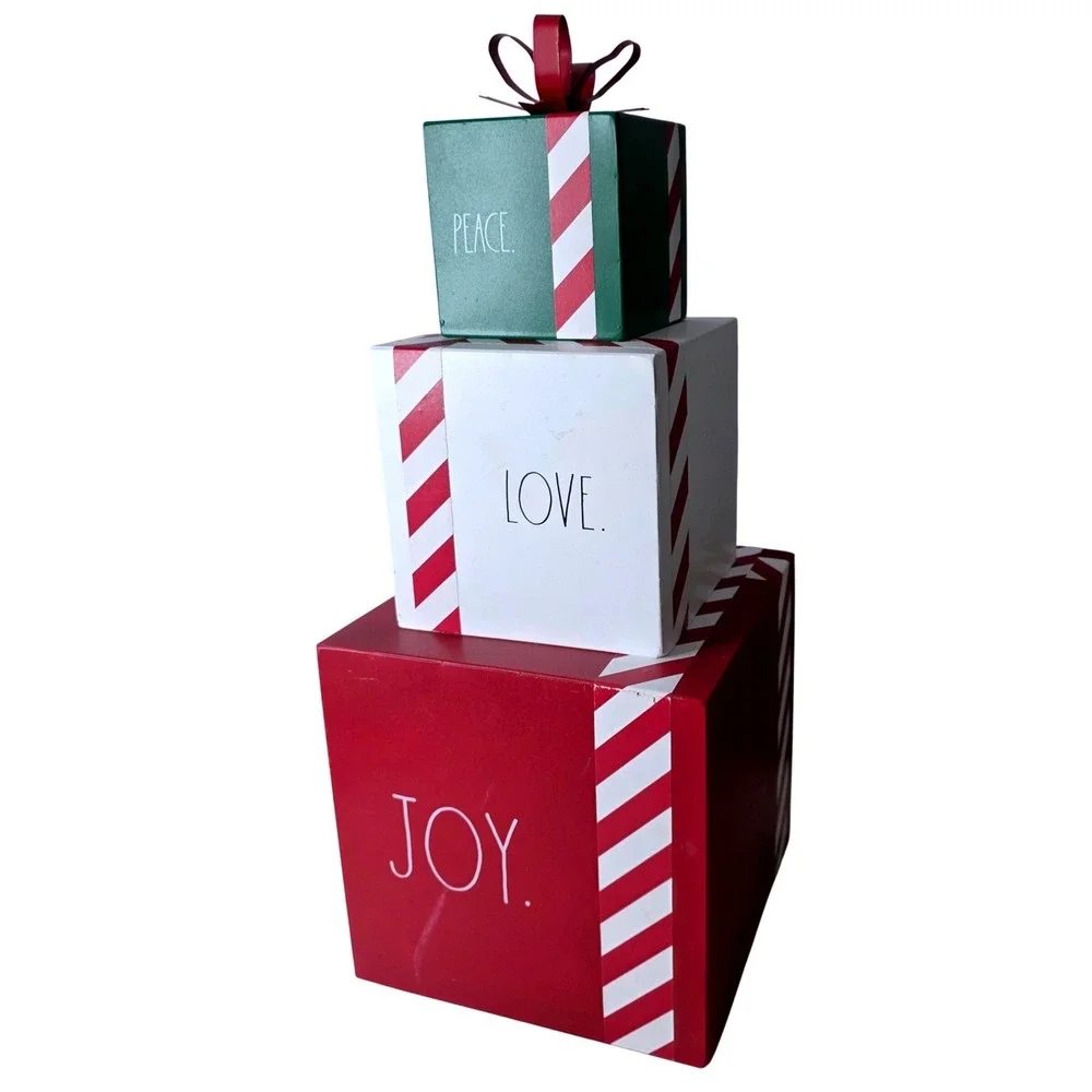 Rae Dunn Christmas Peace Love Joy Stacked Gift Box Metal Decor Holiday Large